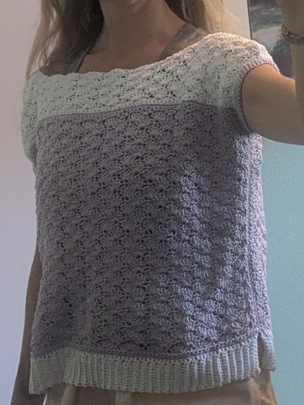 Handmade Light Purple and Cream Crochet Knit Cap-Sleeve Top